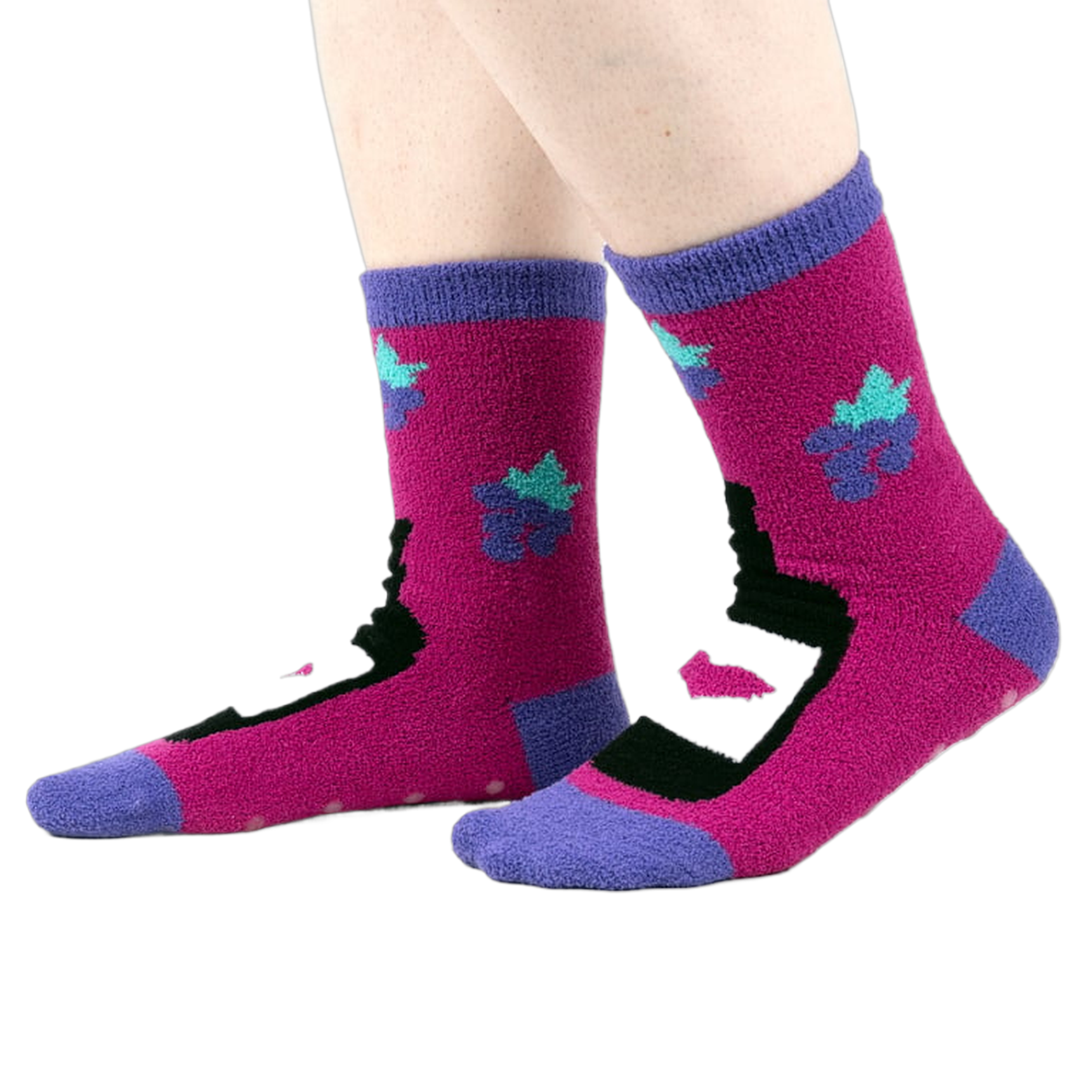 Another view of the 'You Are Really Grape' socks on a person's feet, from the side.