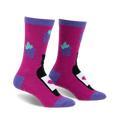 Pair of fuzzy crew socks in fuchsia, purple, and teal. Design features a wine bottle graphic and grape clusters.