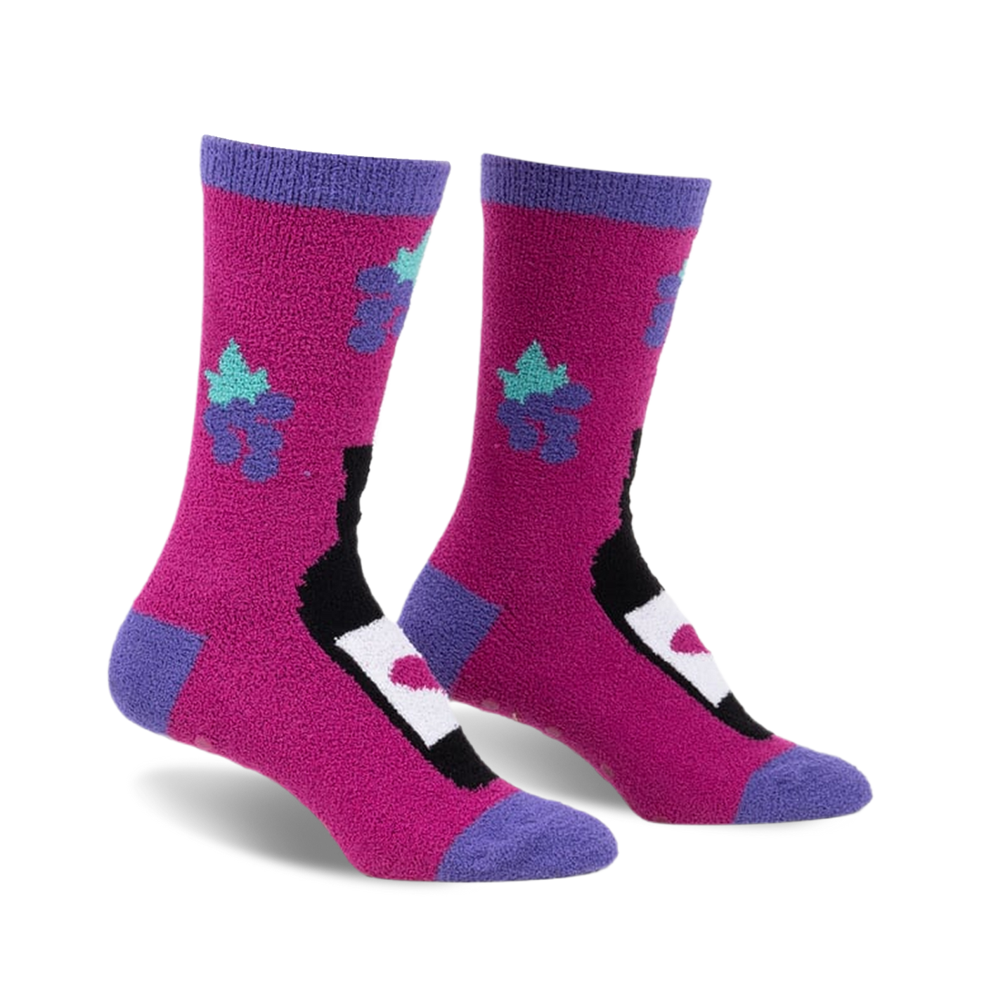 Pair of fuzzy crew socks in fuchsia, purple, and teal. Design features a wine bottle graphic and grape clusters.