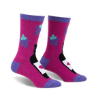 Pair of fuzzy crew socks in fuchsia, purple, and teal. Design features a wine bottle graphic and grape clusters.