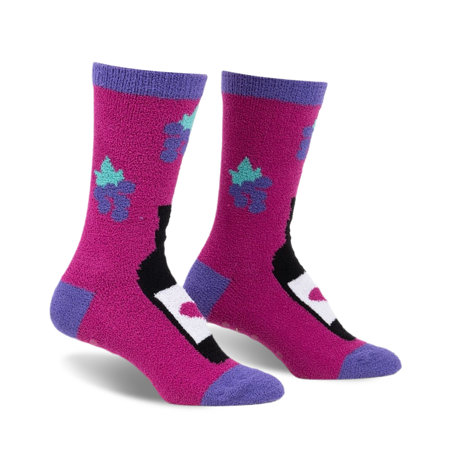 Pair of fuzzy crew socks in fuchsia, purple, and teal. Design features a wine bottle graphic and grape clusters.