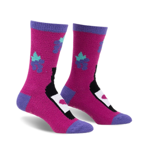 front view of two pink fuzzy socks with a black wine bottle design and purple flowers with teal accents.  the socks have a purple trim around the top.  the image shows the socks slightly angled.