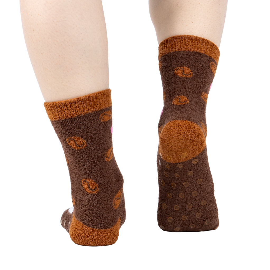 Back view of the socks highlighting the brown fuzzy texture and non-slip grip.