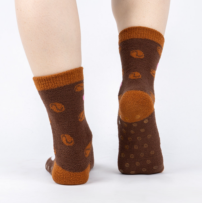 Back view of the socks highlighting the brown fuzzy texture and non-slip grip.