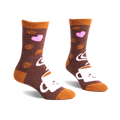 Pair of brown fuzzy crew socks with a whimsical coffee cup, coffee beans, and pink hearts design. 