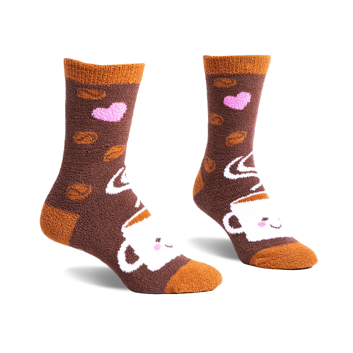 Pair of brown fuzzy crew socks with a whimsical coffee cup, coffee beans, and pink hearts design. 