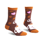 Pair of brown fuzzy crew socks with a whimsical coffee cup, coffee beans, and pink hearts design. 