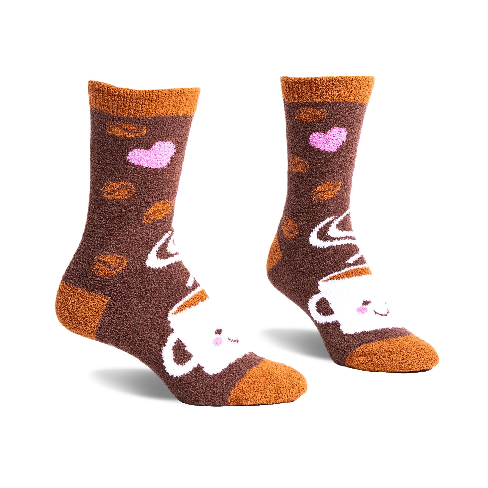 Pair of brown fuzzy crew socks with a whimsical coffee cup, coffee beans, and pink hearts design. 