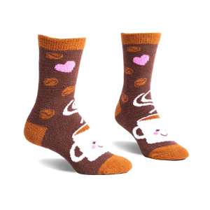 Pair of brown fuzzy crew socks with a whimsical coffee cup, coffee beans, and pink hearts design. 