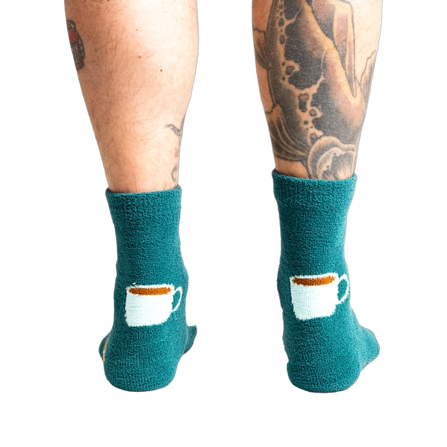 Close-up shot of the back of the teal blue coffee and croissant slipper socks.