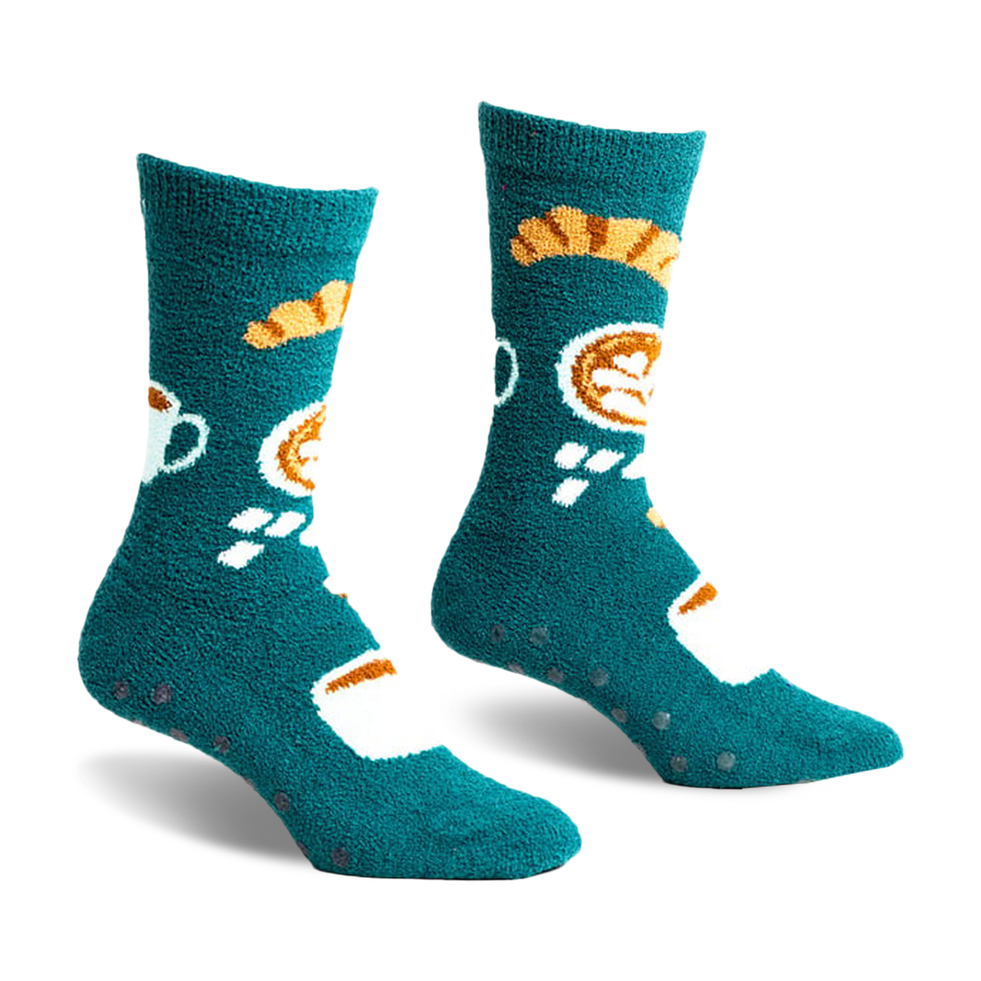 Teal blue slipper socks with coffee cup and croissant designs.  Features a grippy bottom.