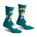 Teal blue slipper socks with coffee cup and croissant designs.  Features a grippy bottom.