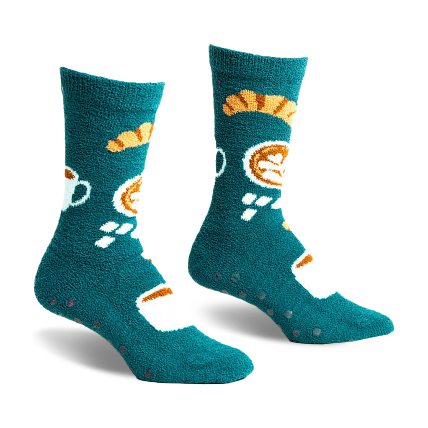 Teal blue slipper socks with coffee cup and croissant designs.  Features a grippy bottom.