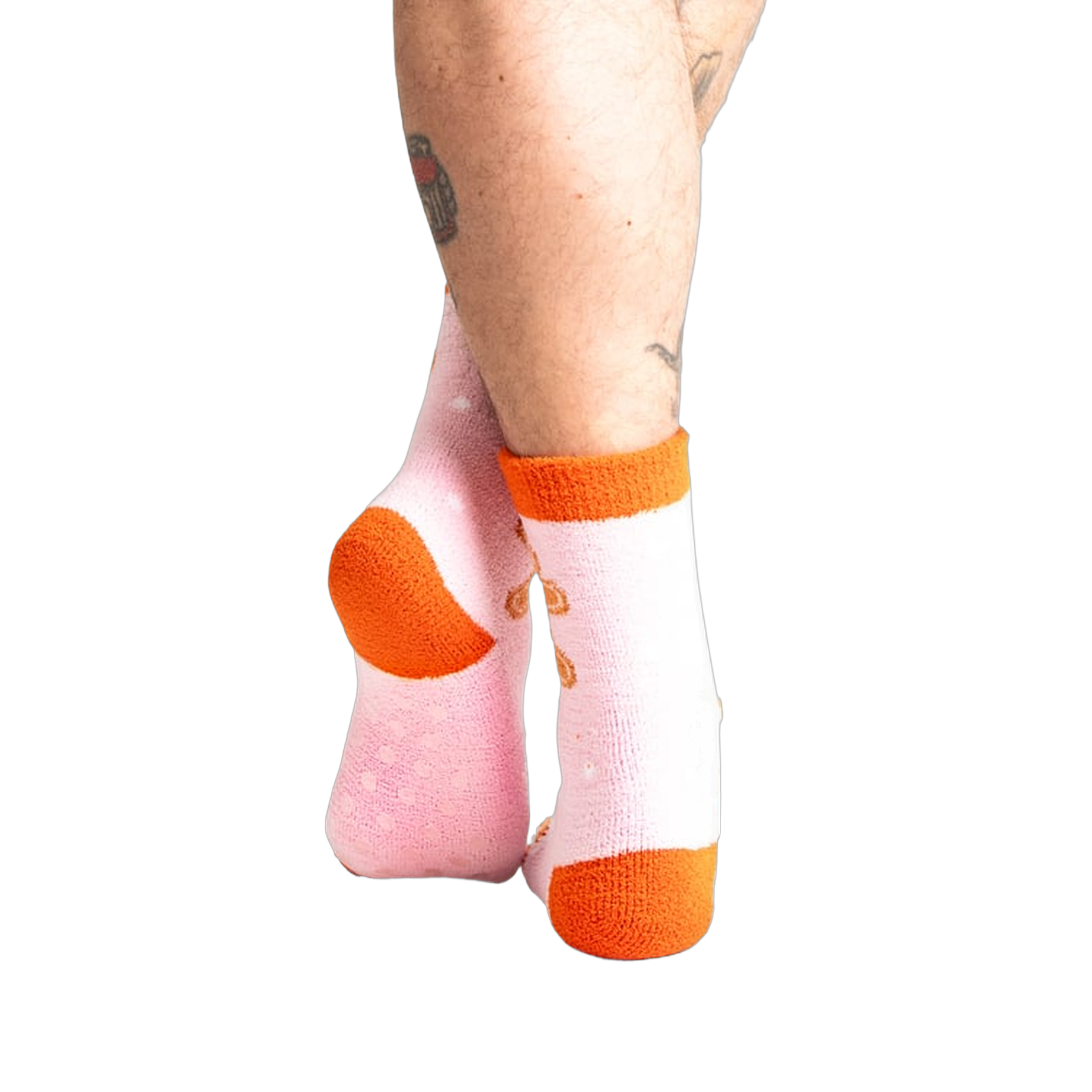 Close-up shot of the back of the pink gingerbread slipper socks.