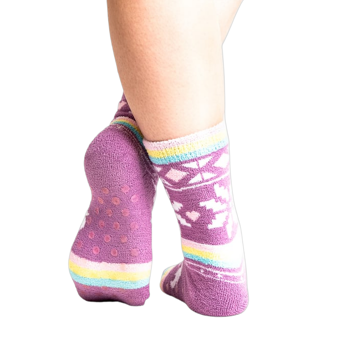 Back view of the socks, showcasing grippers on the soles.