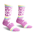 Pair of purple fuzzy slipper socks with pastel stripes, snowflake and unicorn designs. 