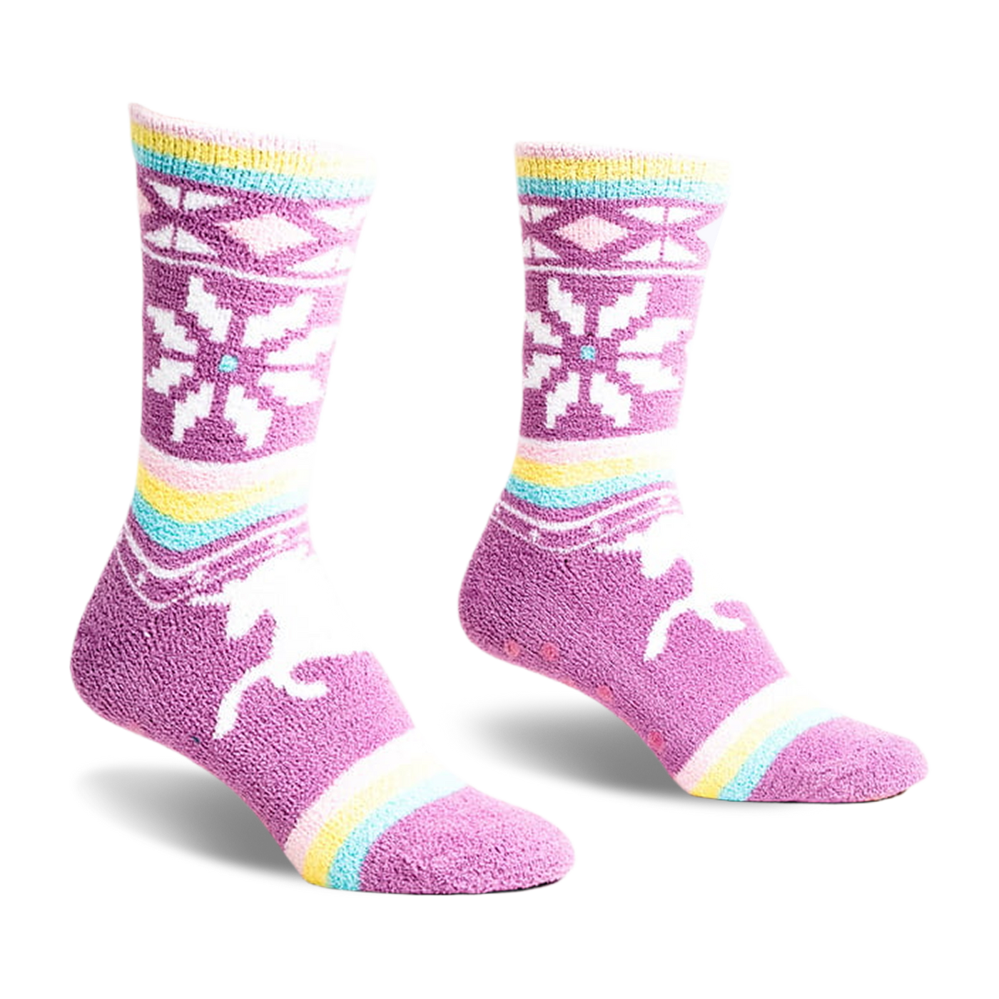 Pair of purple fuzzy slipper socks with pastel stripes, snowflake and unicorn designs. 