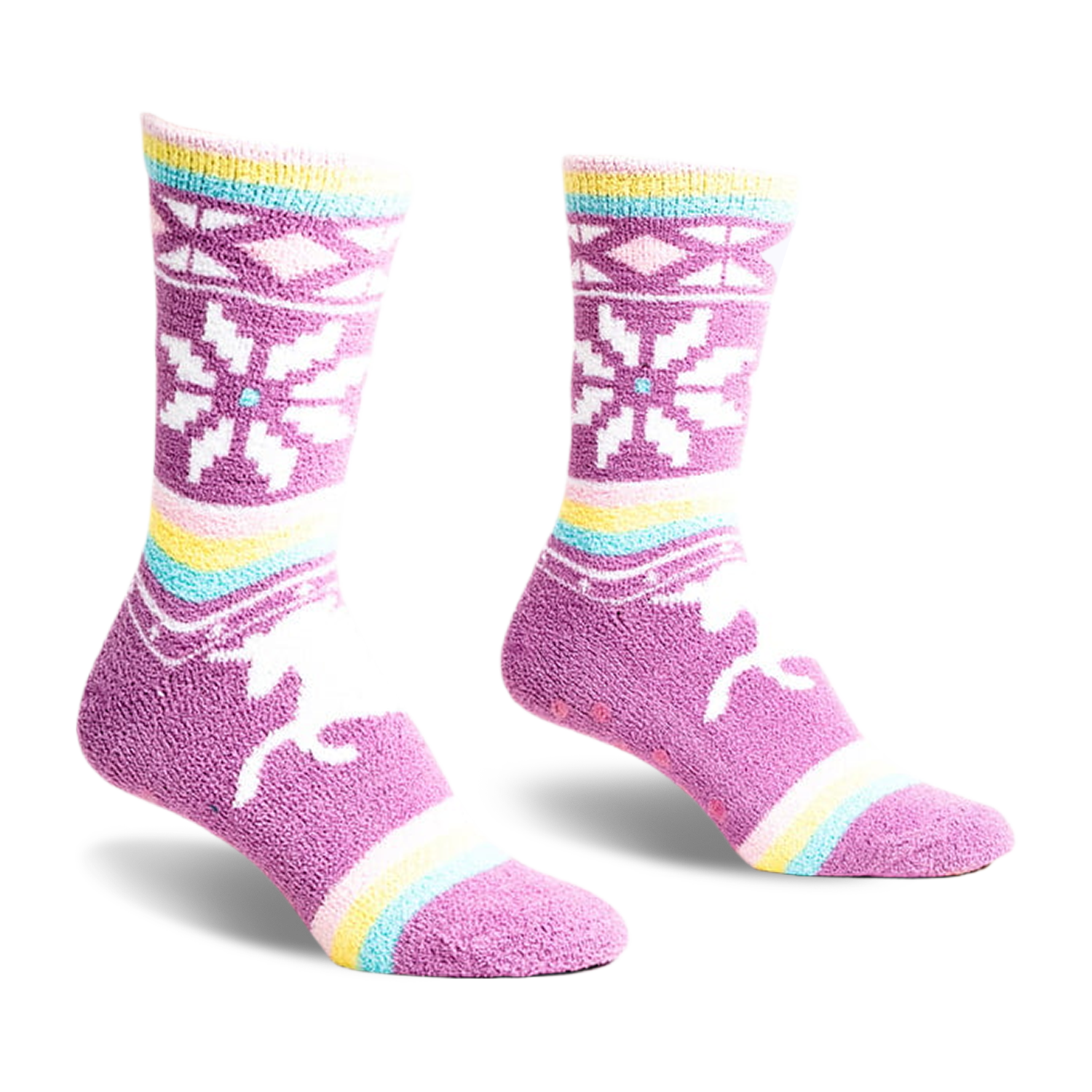 Pair of purple fuzzy slipper socks with pastel stripes, snowflake and unicorn designs. 