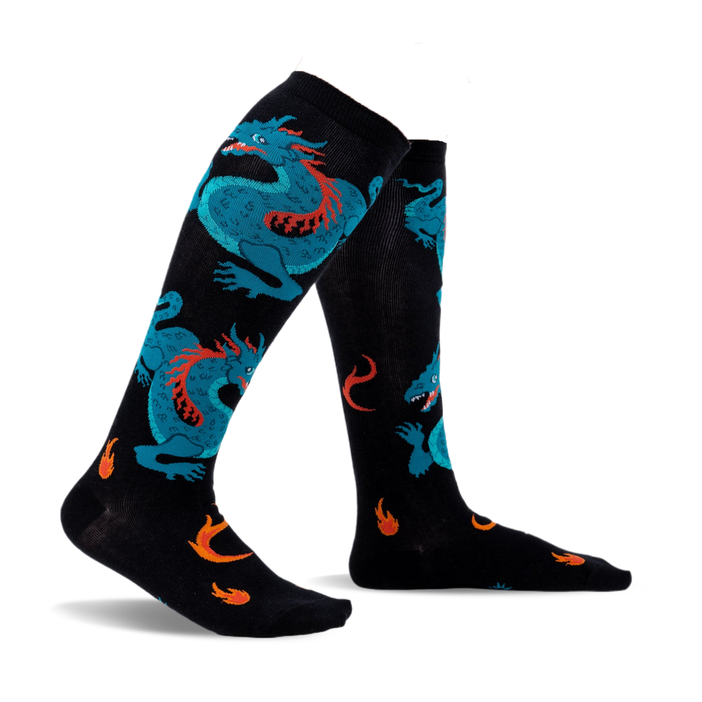 Pair of black knee-high socks with teal dragons and orange flames. Fun and vibrant design.