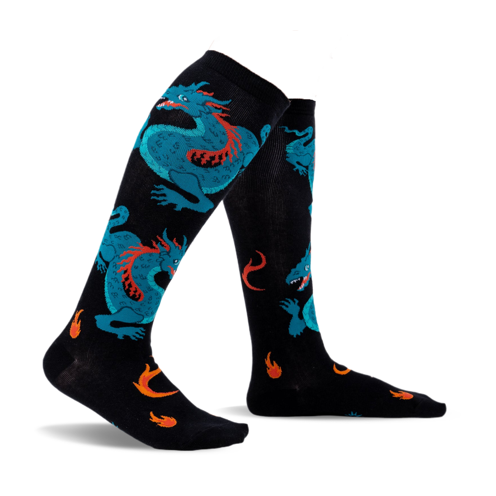 Pair of black knee-high socks with teal dragons and orange flames. Fun and vibrant design.