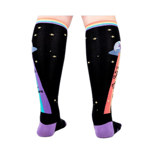 Rear view of 'The Truth Is Out There' knee-high socks. Shows the design on the back of the socks.