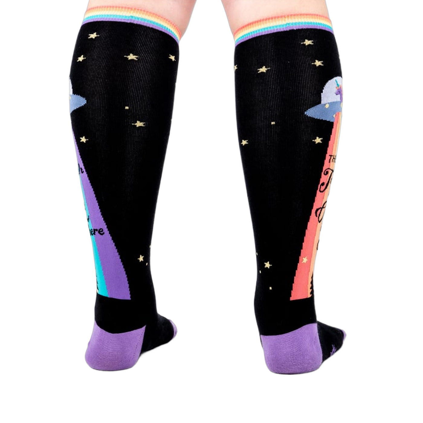 Rear view of 'The Truth Is Out There' knee-high socks. Shows the design on the back of the socks.