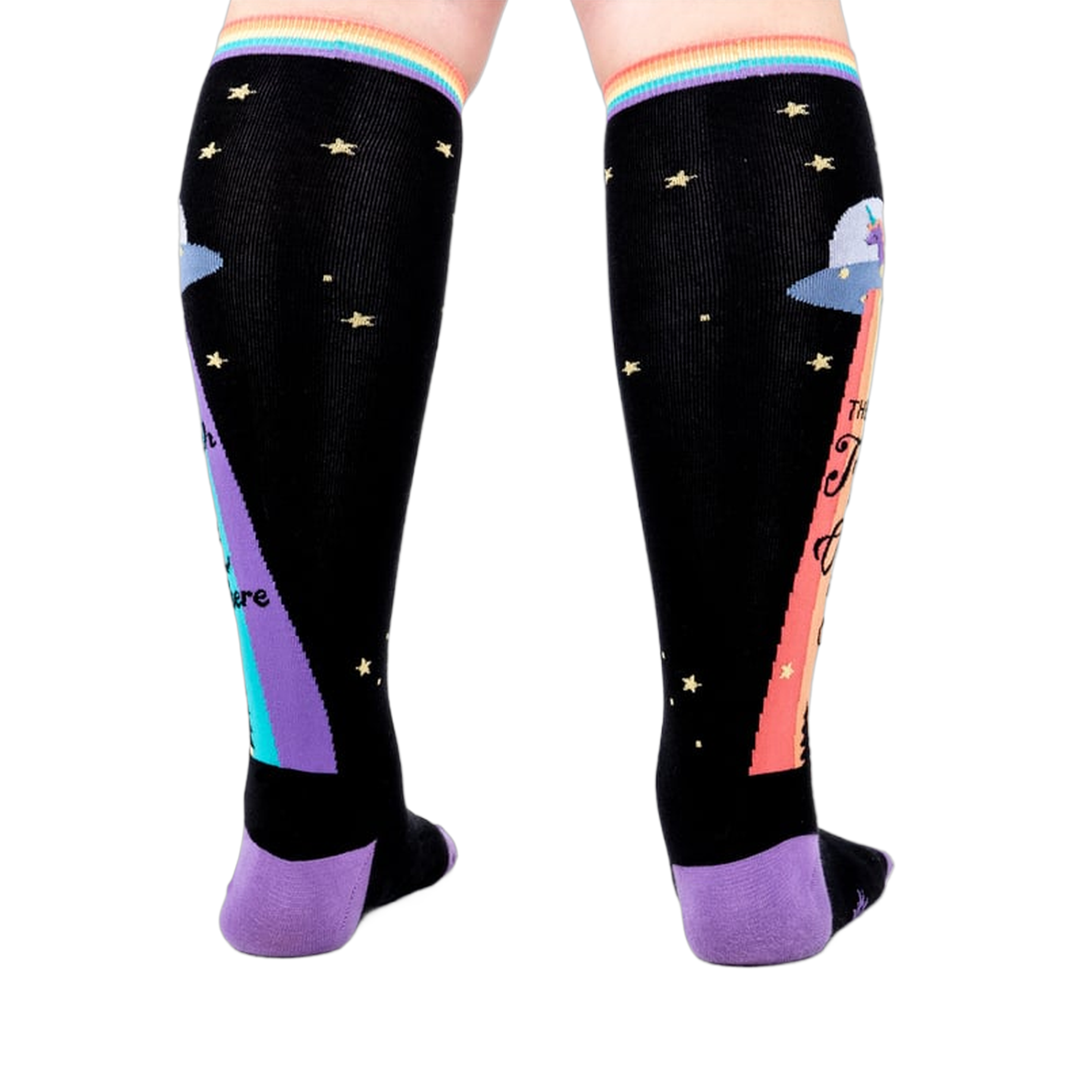 Rear view of 'The Truth Is Out There' knee-high socks. Shows the design on the back of the socks.