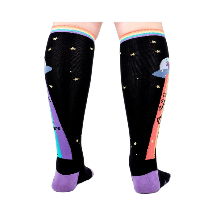 Rear view of 'The Truth Is Out There' knee-high socks. Shows the design on the back of the socks.