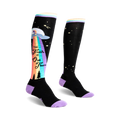 Pair of black knee-high socks with a colorful rainbow, UFO, and 'The Truth Is Out There' graphic. Purple accents at the cuff. 