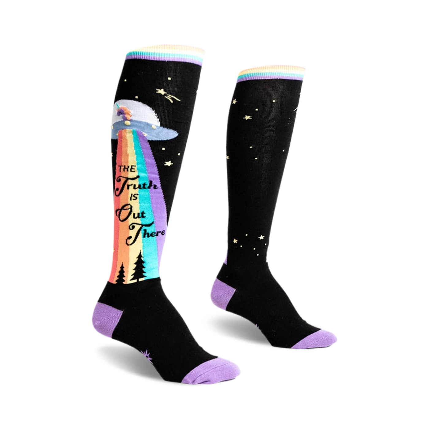 Pair of black knee-high socks with a colorful rainbow, UFO, and 'The Truth Is Out There' graphic. Purple accents at the cuff. 