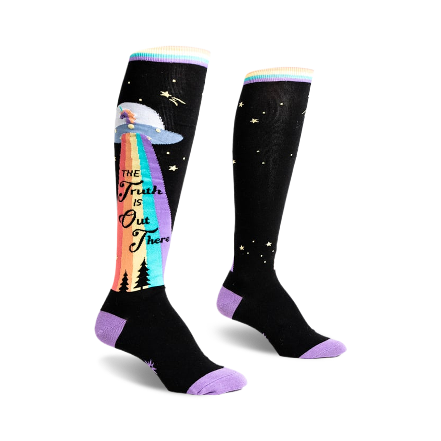 Pair of black knee-high socks with a colorful rainbow, UFO, and 'The Truth Is Out There' graphic. Purple accents at the cuff. 