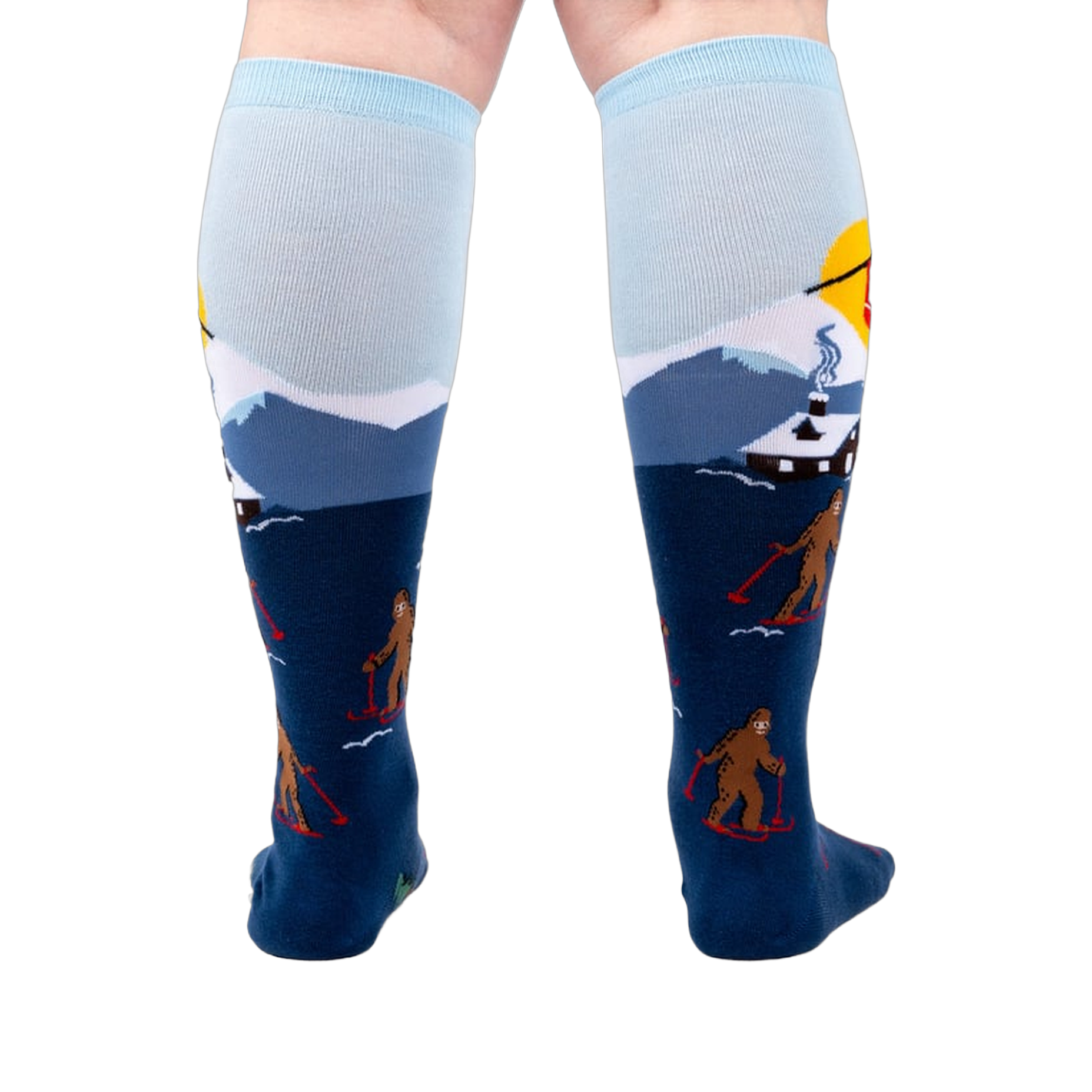 Back view of the socks on a model's legs, showcasing the complete winter scene.