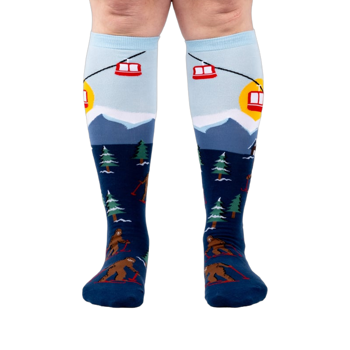 Front view of the socks on a model, highlighting the colorful design and fit.