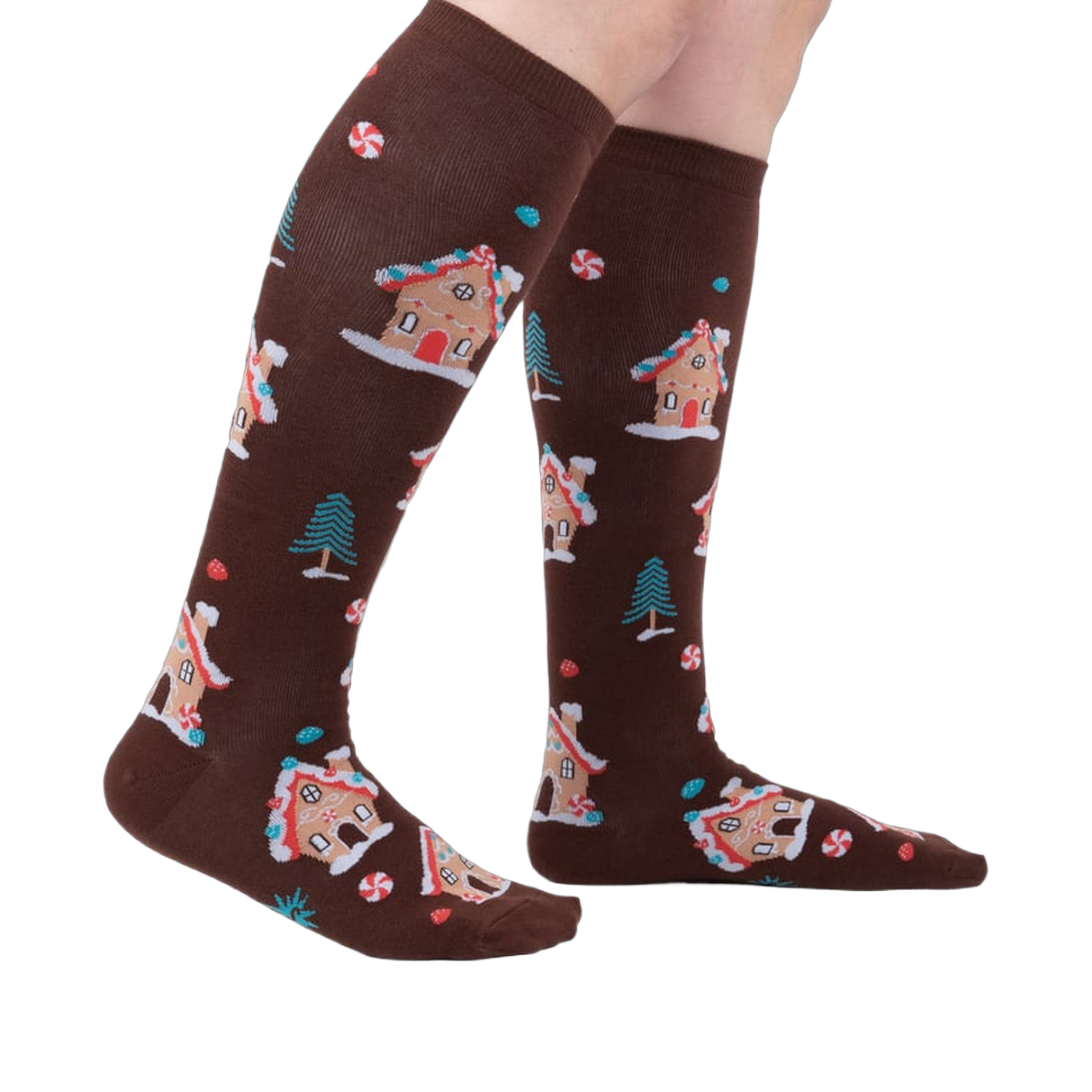 Lifestyle shot showing the socks on a person's legs, showcasing their length and fit.