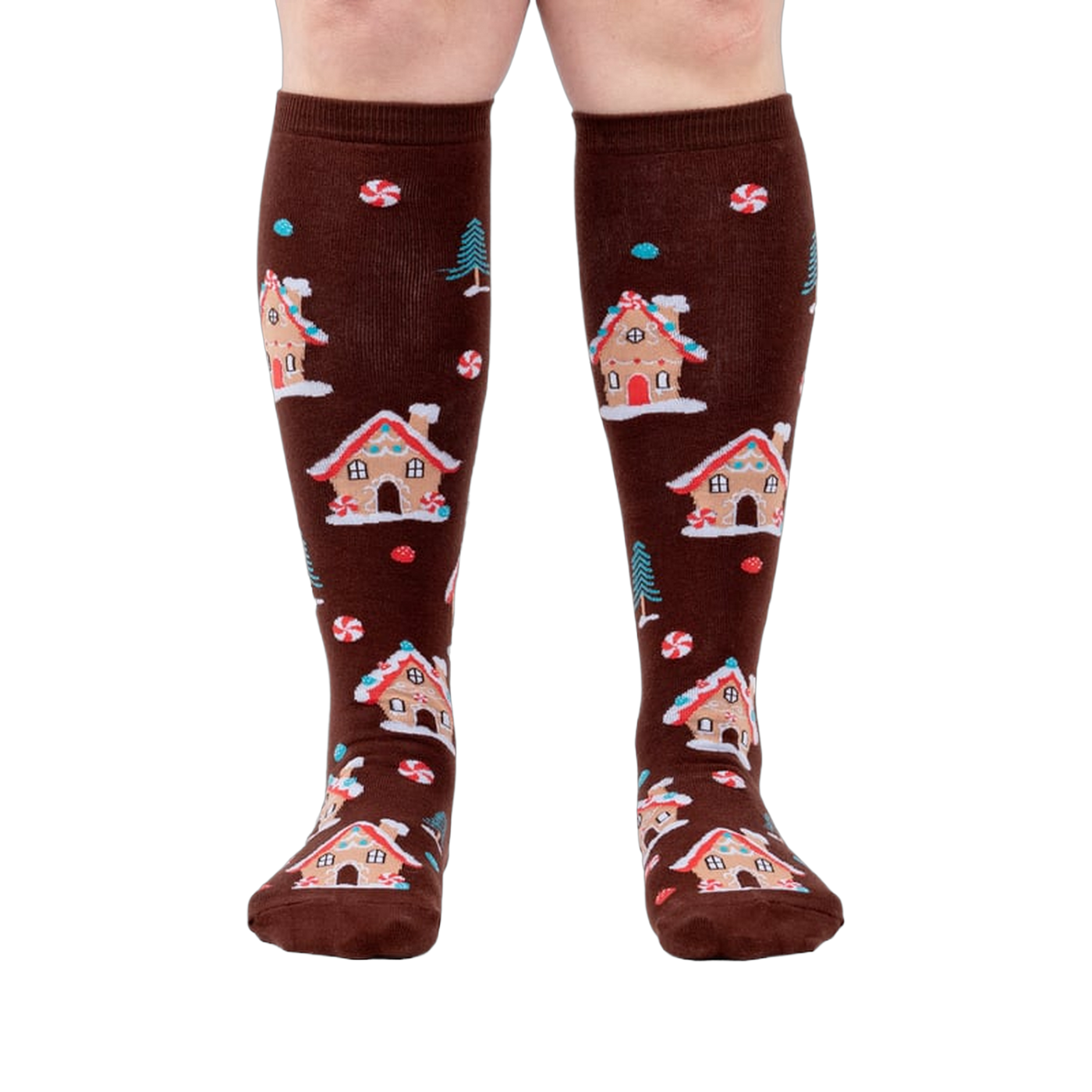 Front view of the socks on a person's legs, highlighting the full design.