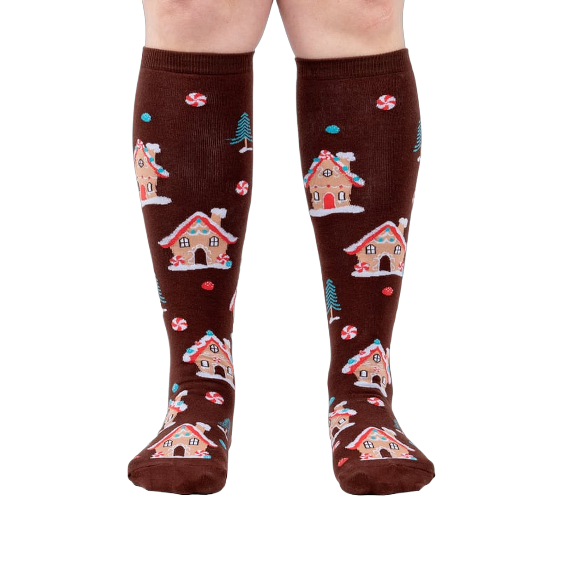 Front view of the socks on a person's legs, highlighting the full design.