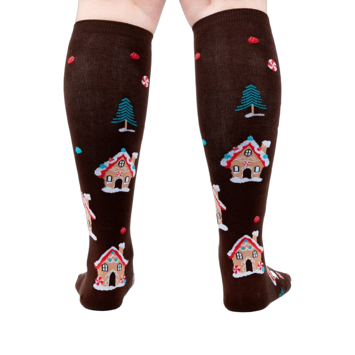 Back view of the socks on a person's legs showing the back of the design.