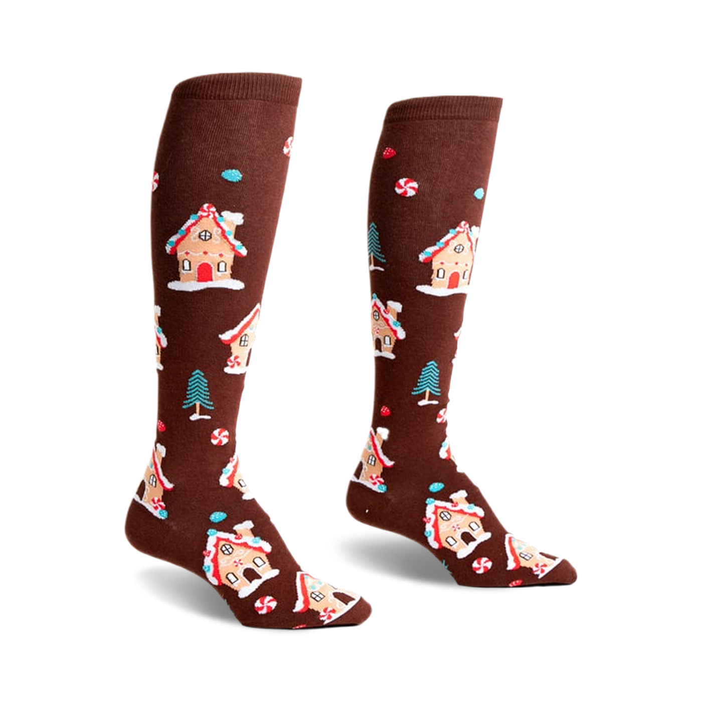 Pair of brown knee-high socks with a whimsical pattern of gingerbread houses, candy canes, and small pine trees.