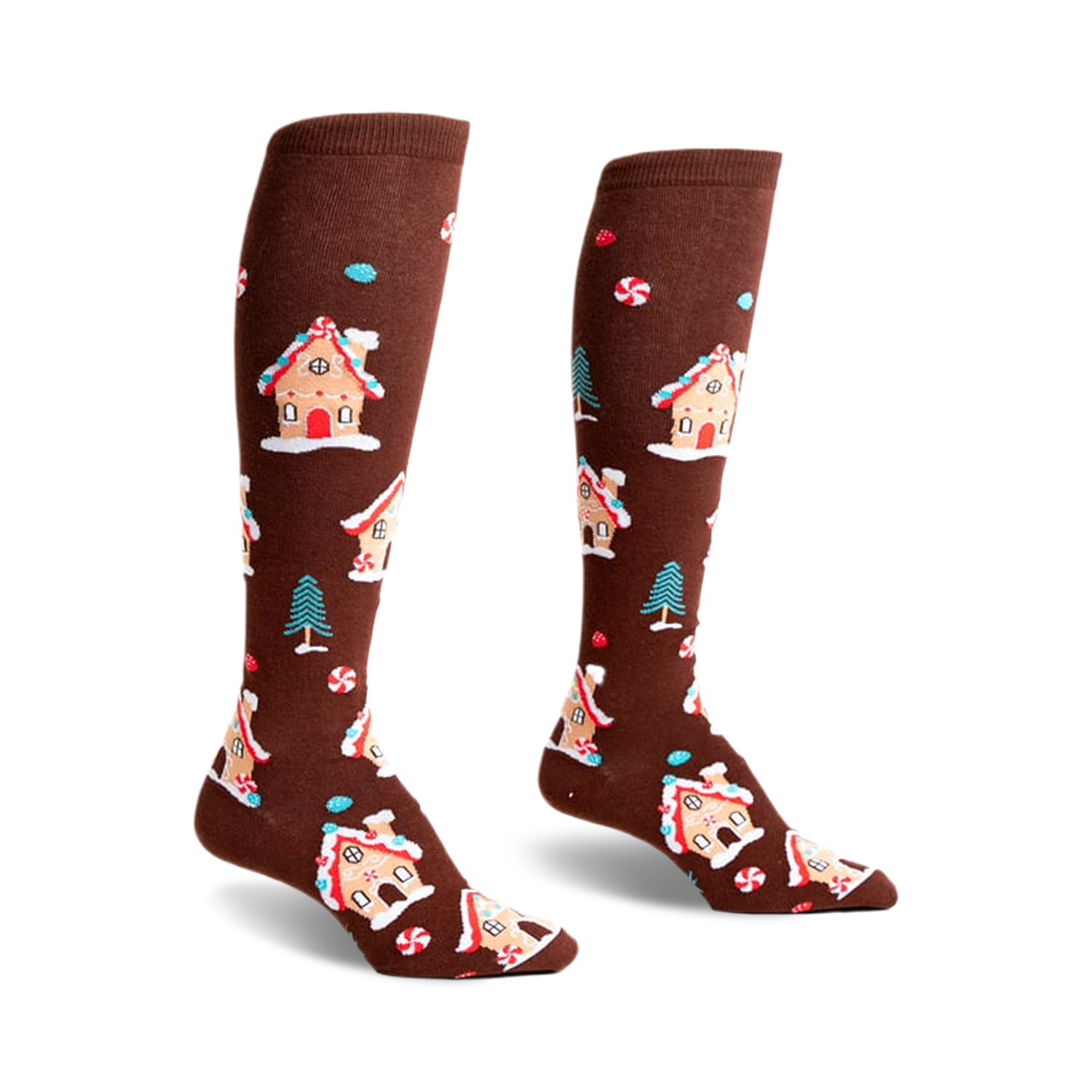 Pair of brown knee-high socks with a whimsical pattern of gingerbread houses, candy canes, and small pine trees.