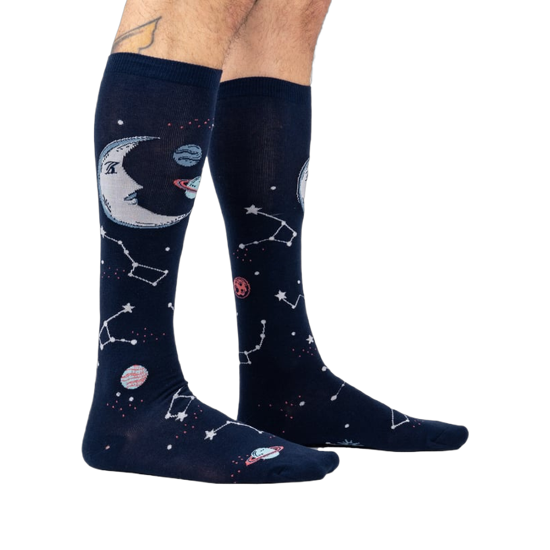 Moonshadow socks on a model's legs, showcasing the glow-in-the-dark feature.
