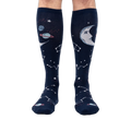 Front view of Moonshadow socks on a model's legs, highlighting the celestial print.