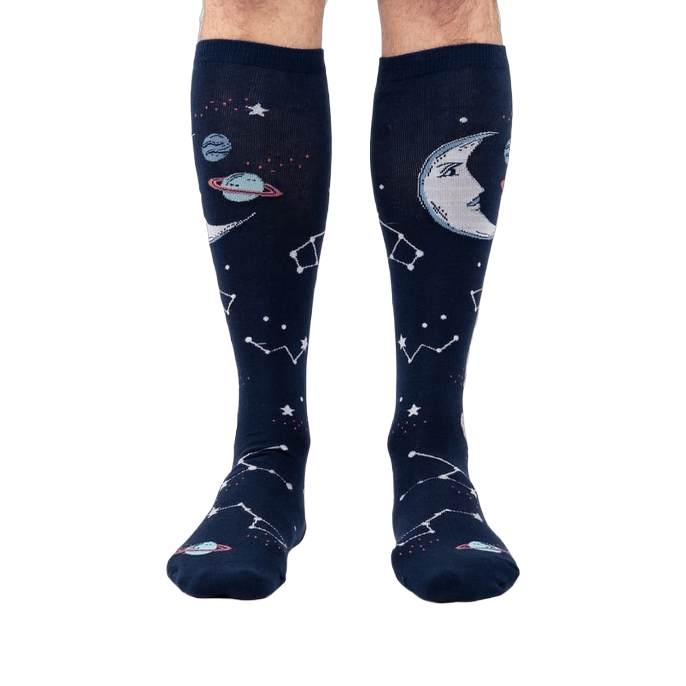 Front view of Moonshadow socks on a model's legs, highlighting the celestial print.
