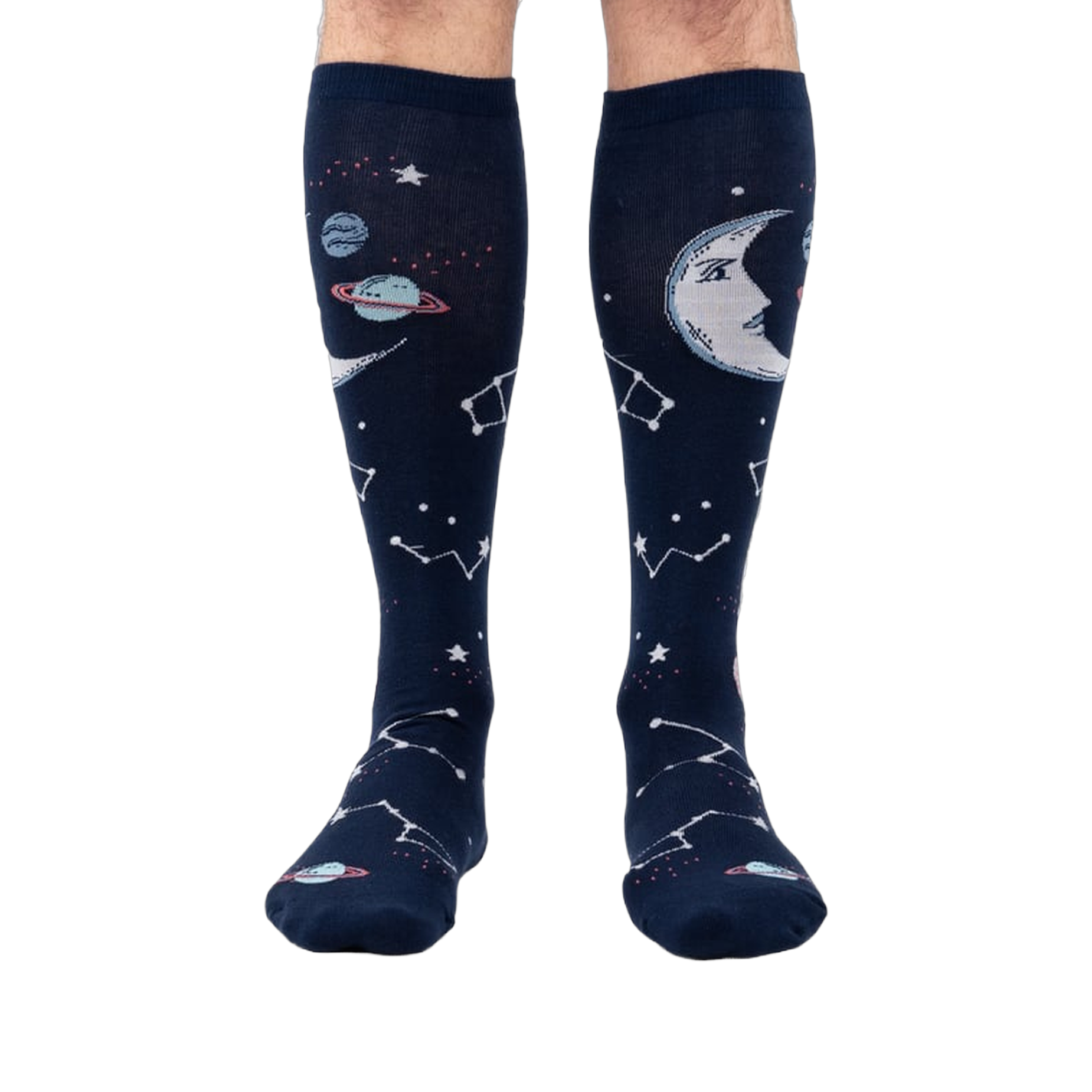 Front view of Moonshadow socks on a model's legs, highlighting the celestial print.