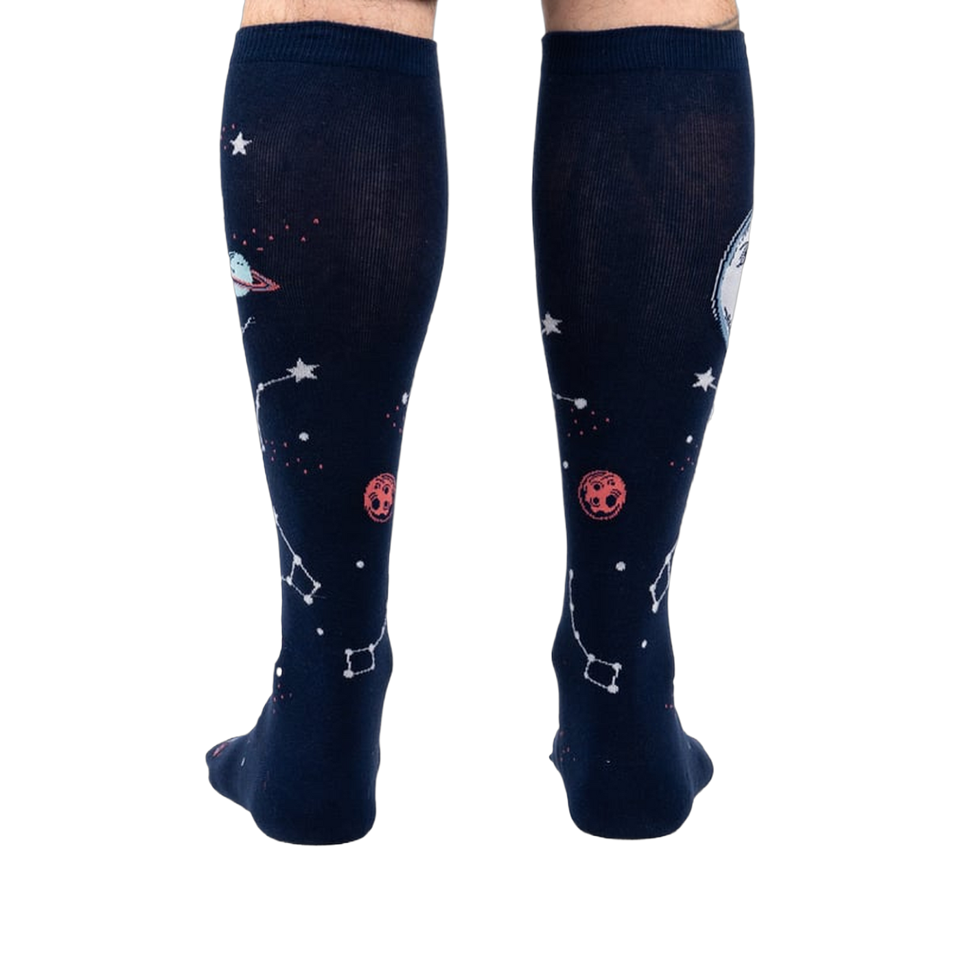 Back view of the Moonshadow socks on a model's legs, showing the design on the back of the socks.