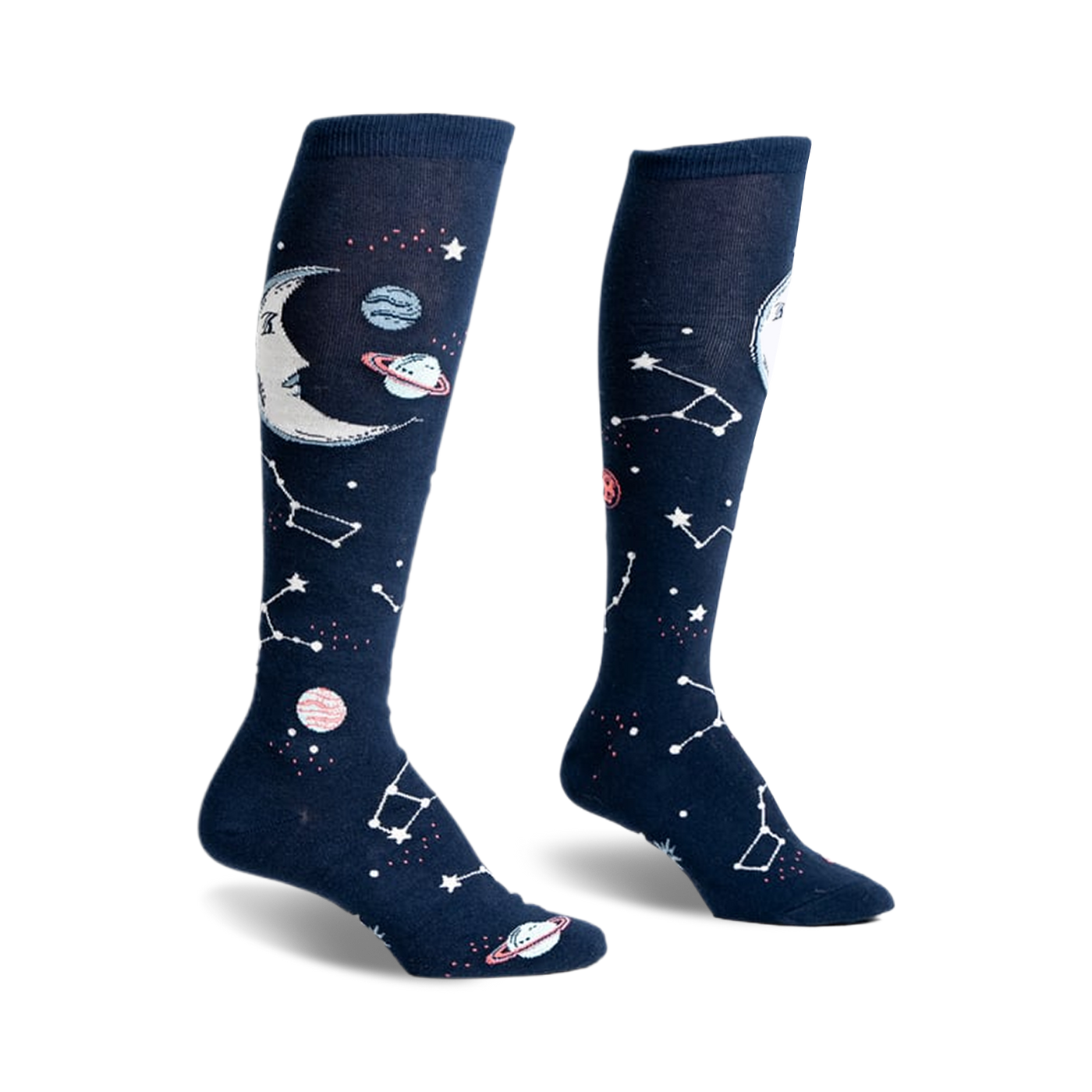 Pair of navy blue knee-high socks with a crescent moon, planets, and constellations design. Glows in the dark!