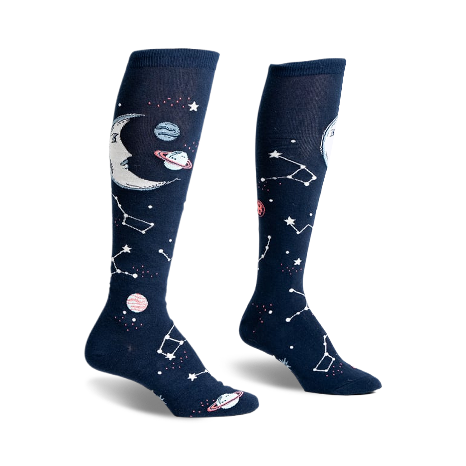 Pair of navy blue knee-high socks with a crescent moon, planets, and constellations design. Glows in the dark!