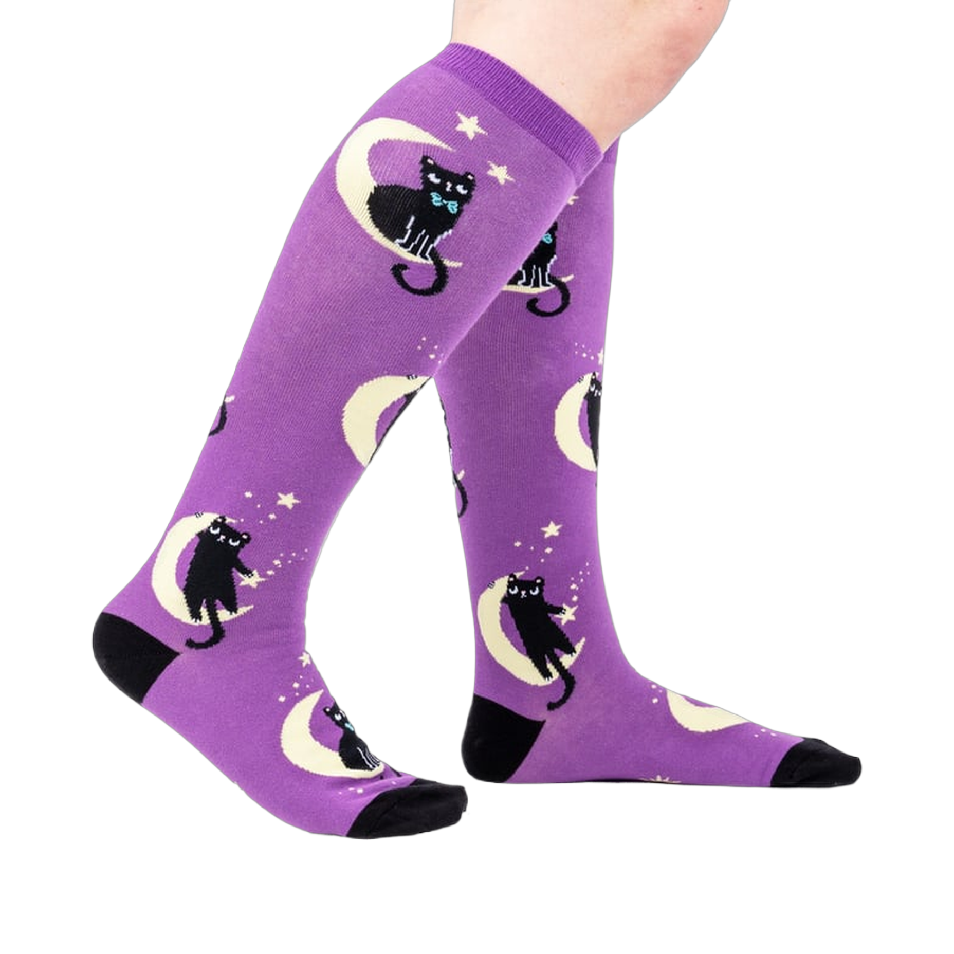 Lifestyle shot showing the socks on a person's legs, showcasing the fit and design.