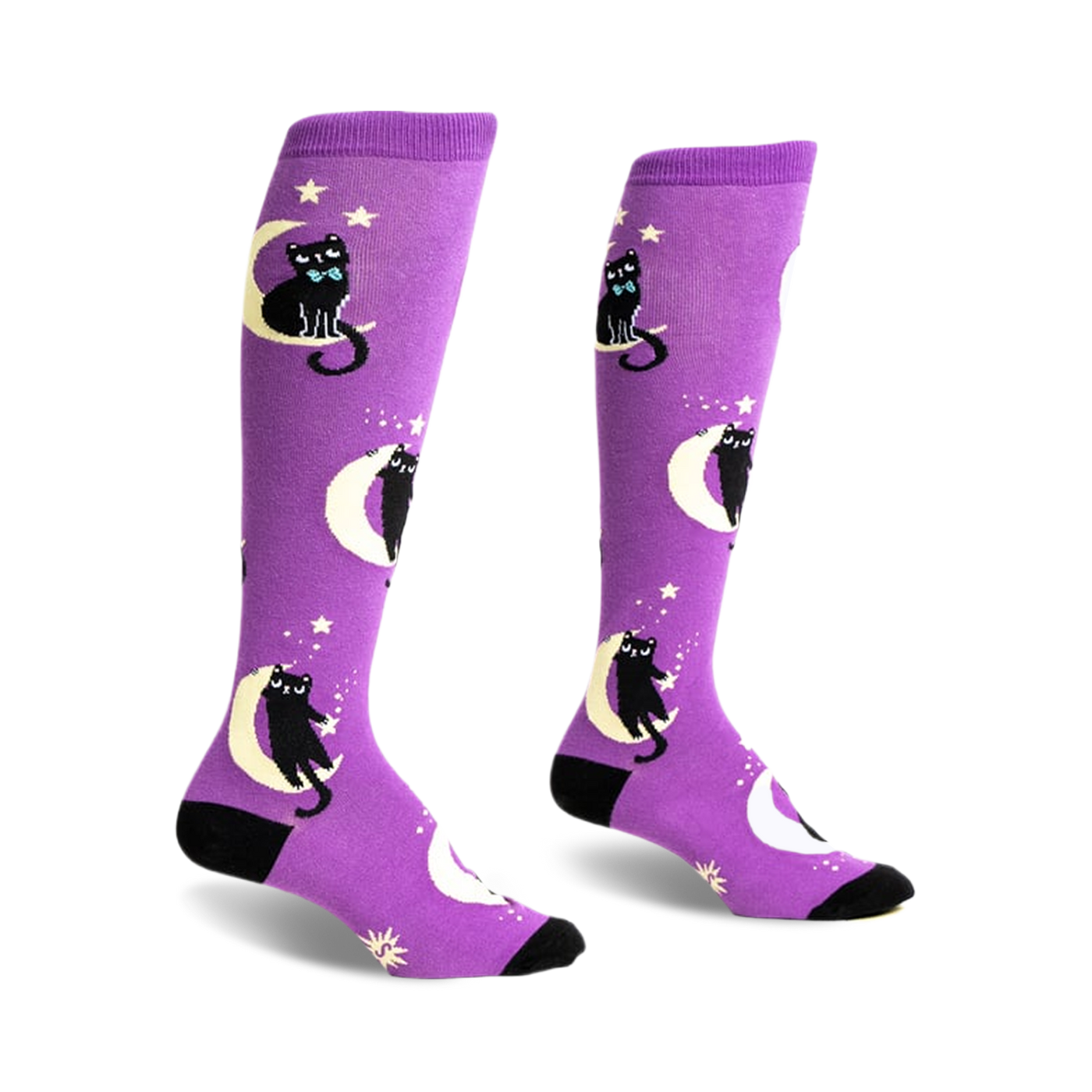 Pair of purple knee-high socks with black cats wearing bow ties sitting on crescent moons and stars.