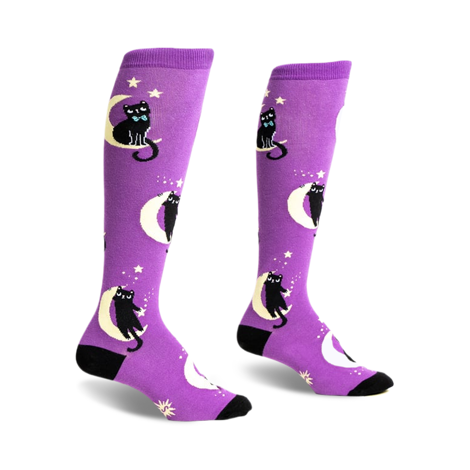 Pair of purple knee-high socks with black cats wearing bow ties sitting on crescent moons and stars.