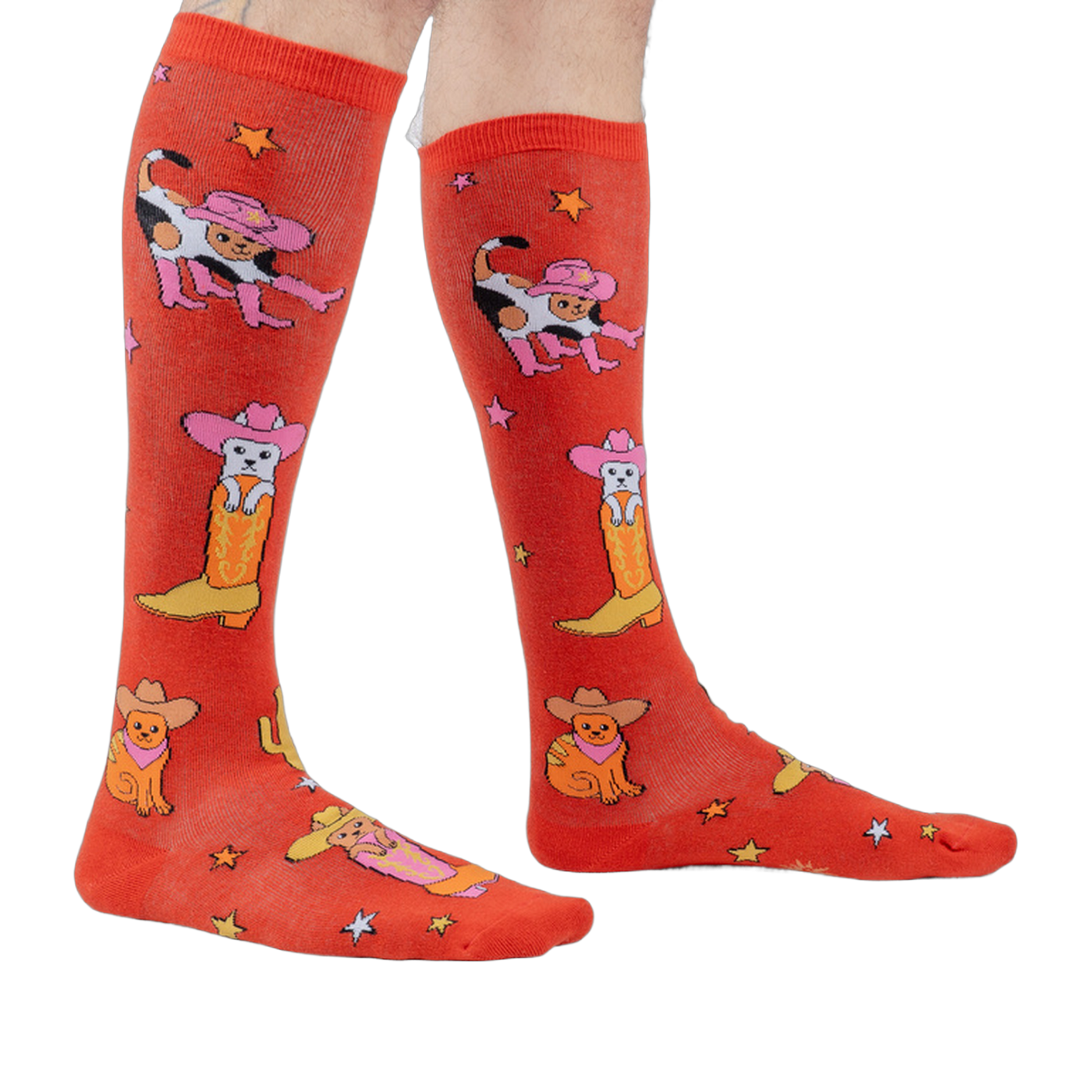 Lifestyle shot showing the 'Herding Cats' socks on a person's legs.